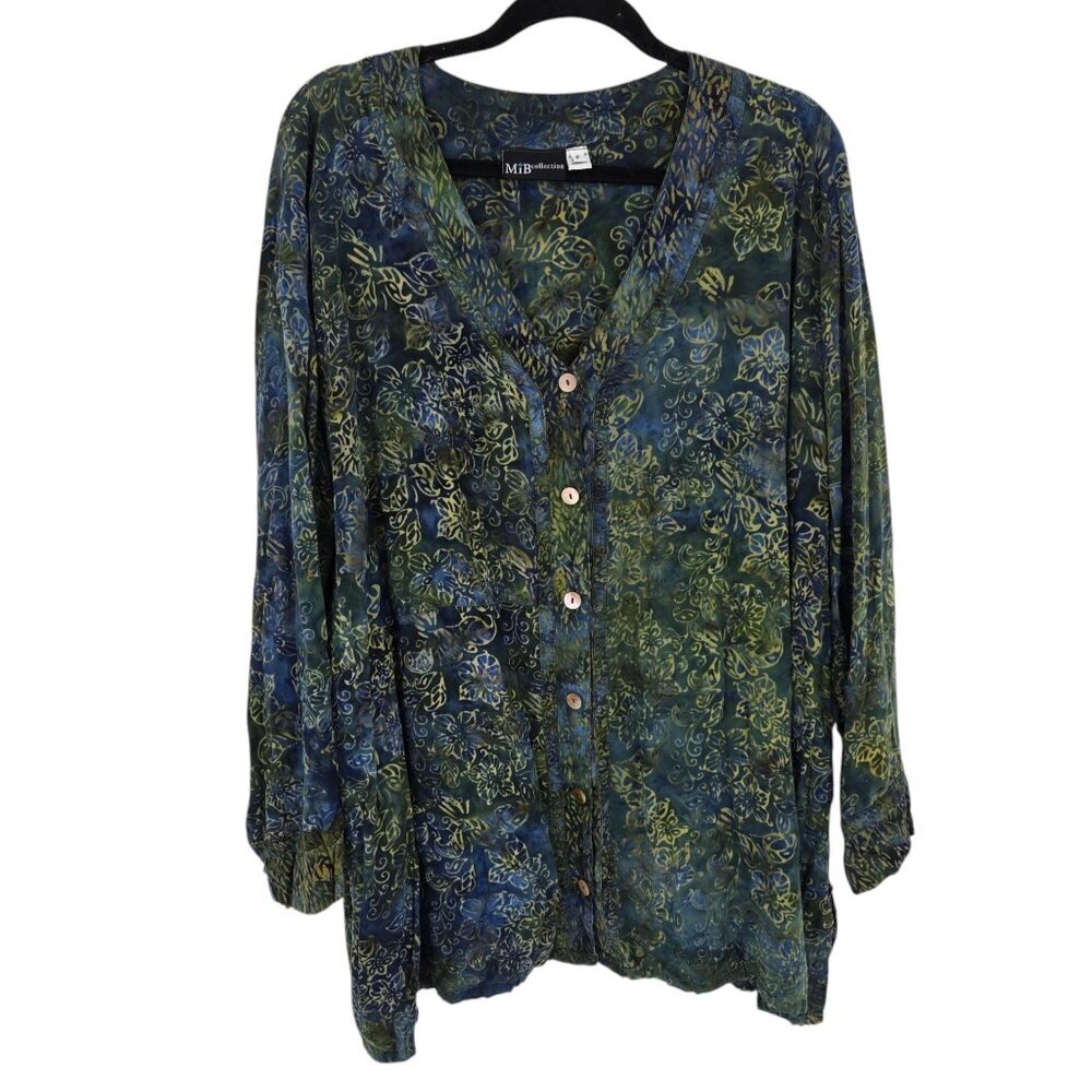 MIB collection plus size f chart 5x blue floral button up v neck blouse rayon